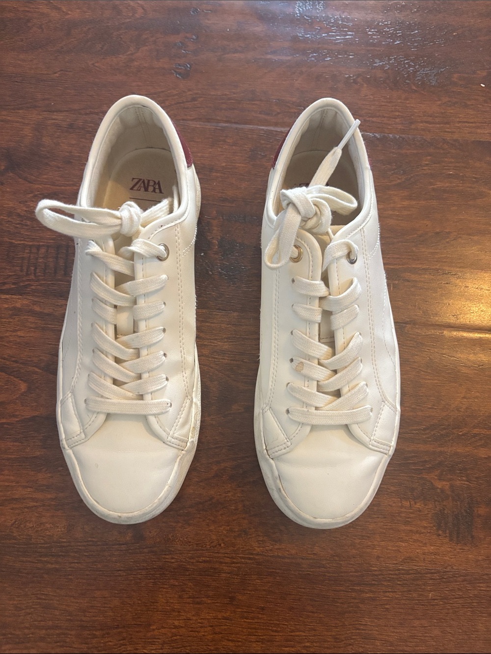ZARA Cream Low-Top Lace-Up Sneakers with Red Heel Tab